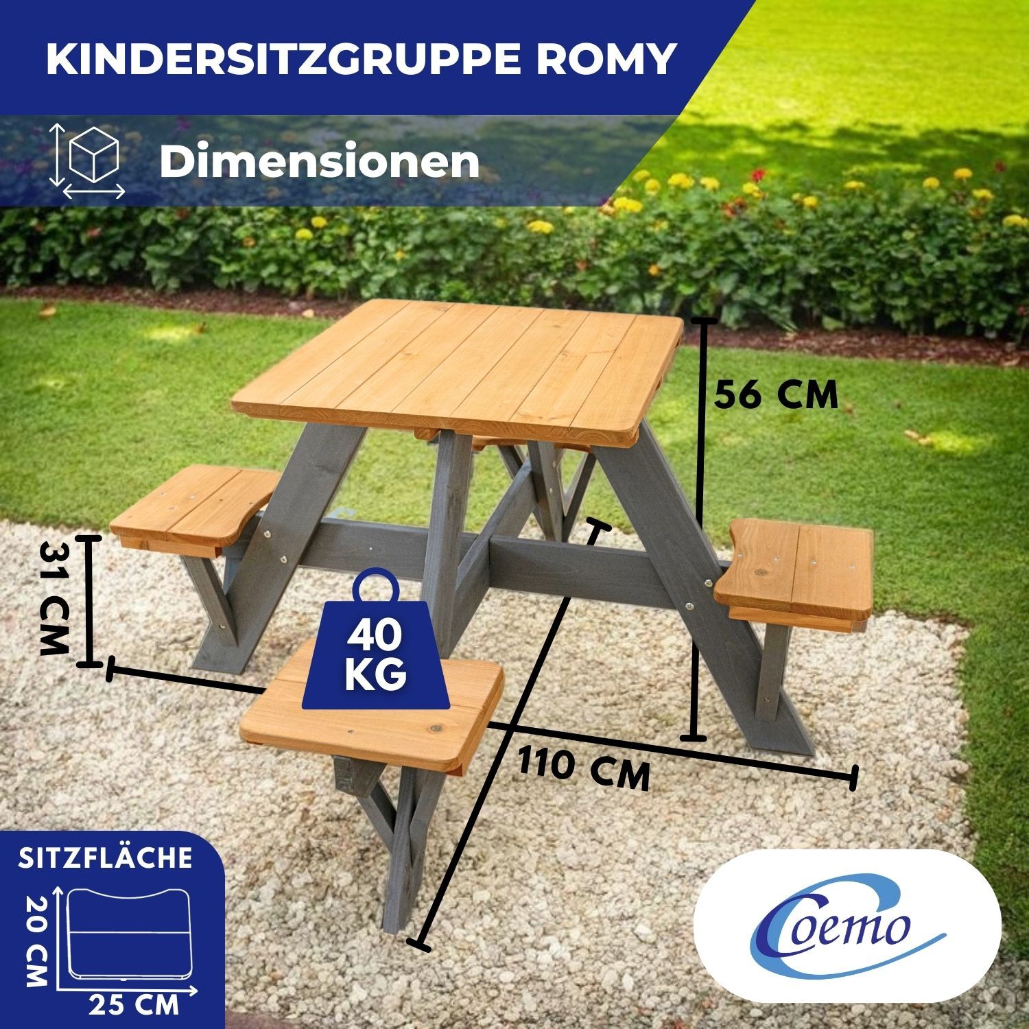 Coemo Kindersitzgruppe Romy Kindertisch und Sitze Gartentisch