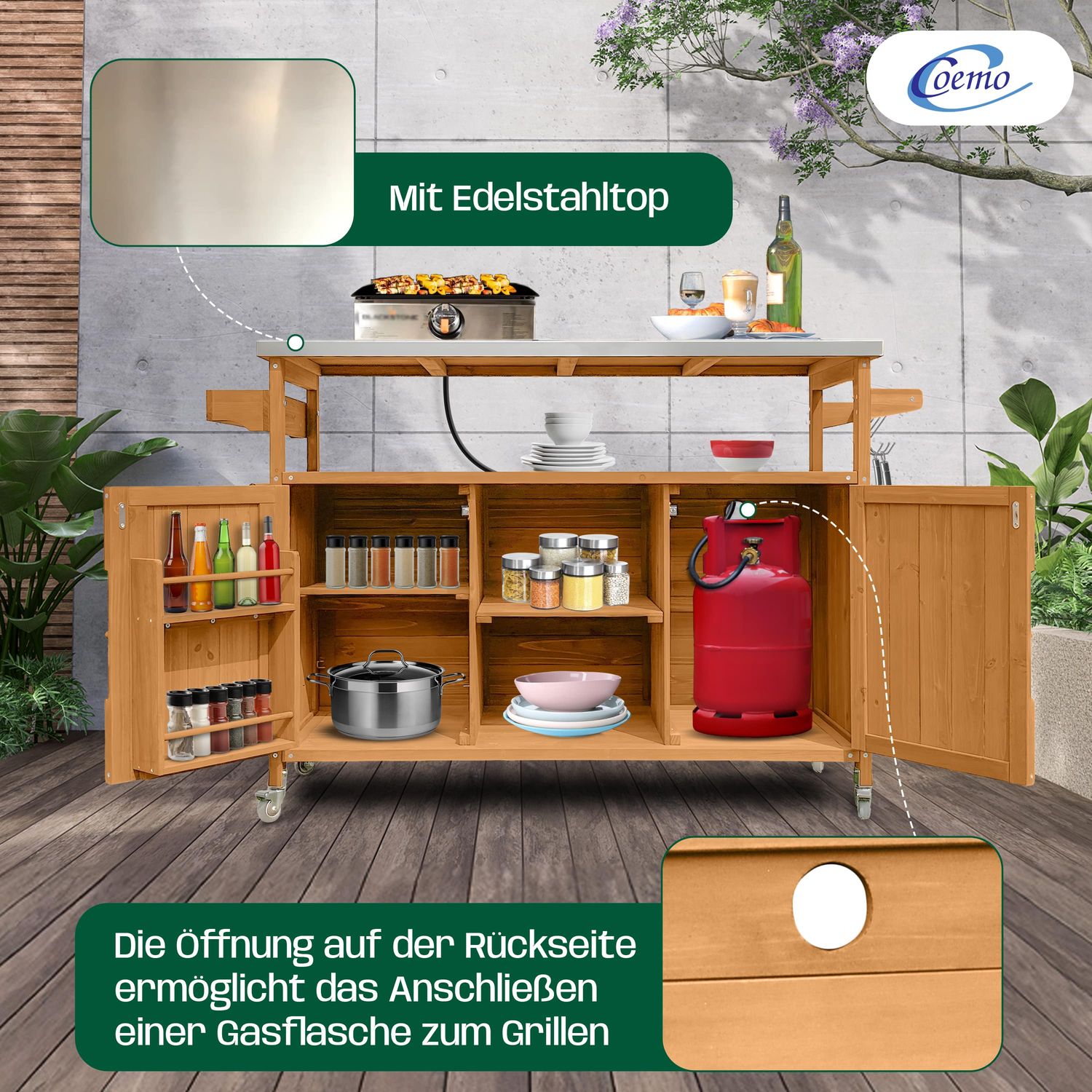 Coemo Servierwagen James aus Holz Kücheninsel/-wagen Tischplatte Edelstahl und Rollen