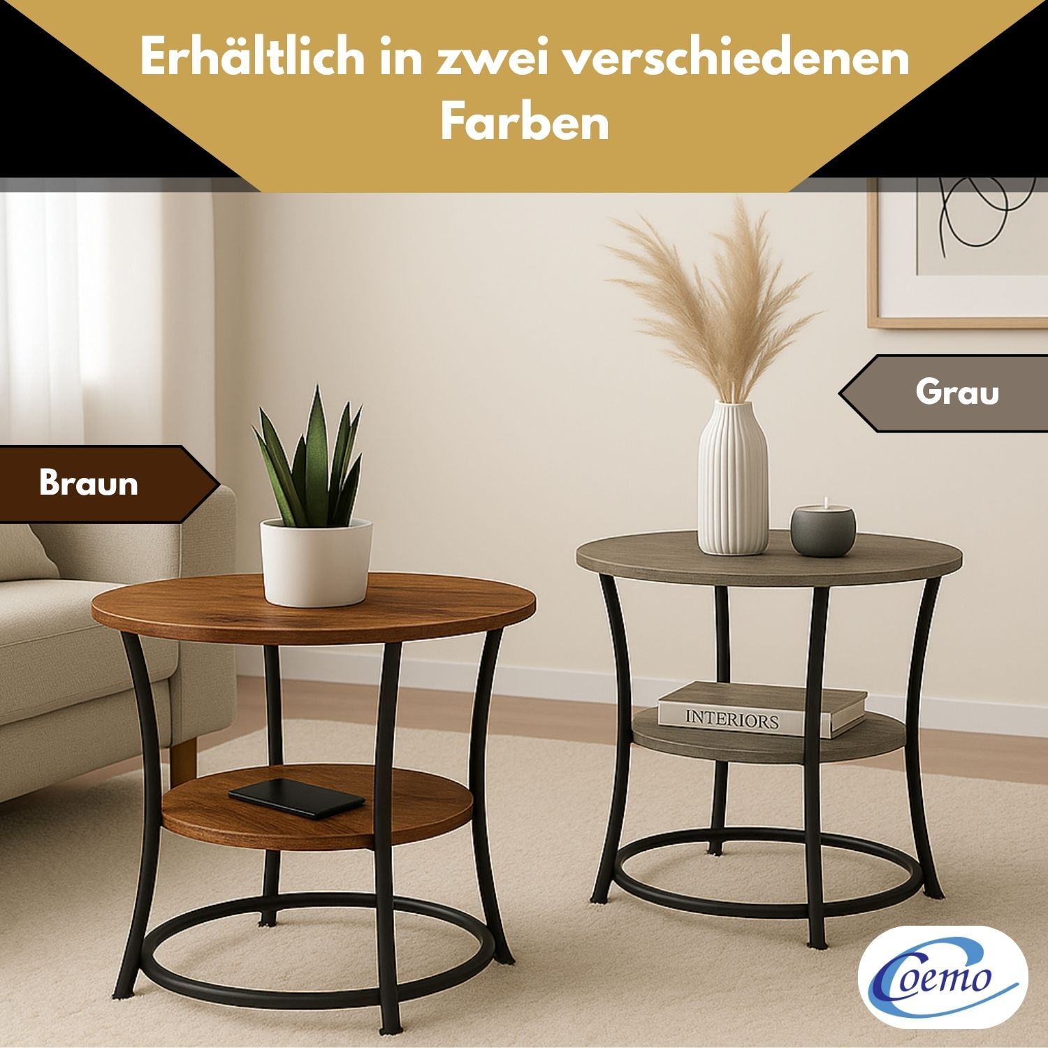 Coemo Couchtisch Tamy 2 Ebenen - Holz mit Metallrahmen - Ø 55 cm x 55 cm