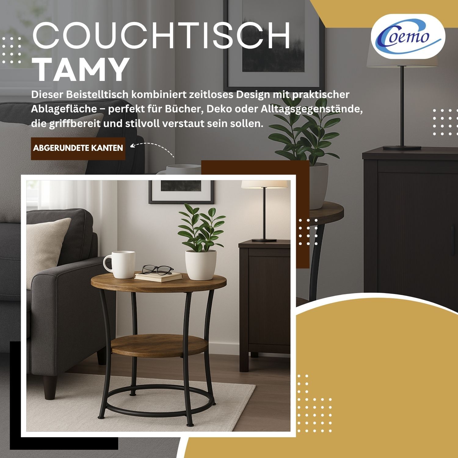 Coemo Couchtisch Tamy 2 Ebenen - Holz mit Metallrahmen - Ø 55 cm x 55 cm