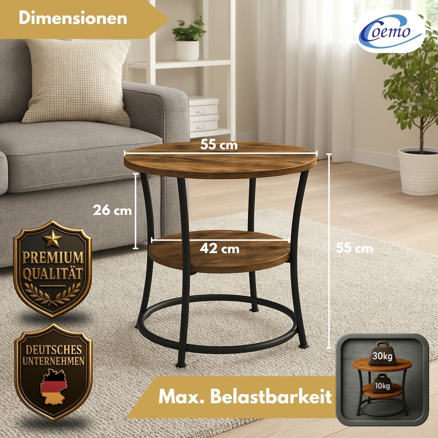 Coemo Couchtisch Tamy 2 Ebenen - Holz mit Metallrahmen - Ø 55 cm x 55 cm