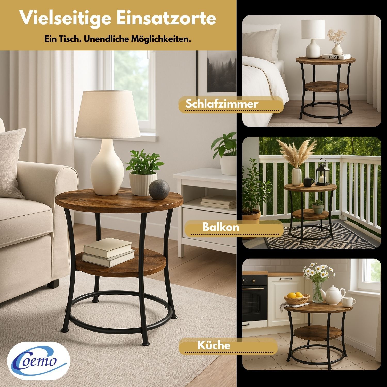 Coemo Couchtisch Tamy 2 Ebenen - Holz mit Metallrahmen - Ø 55 cm x 55 cm