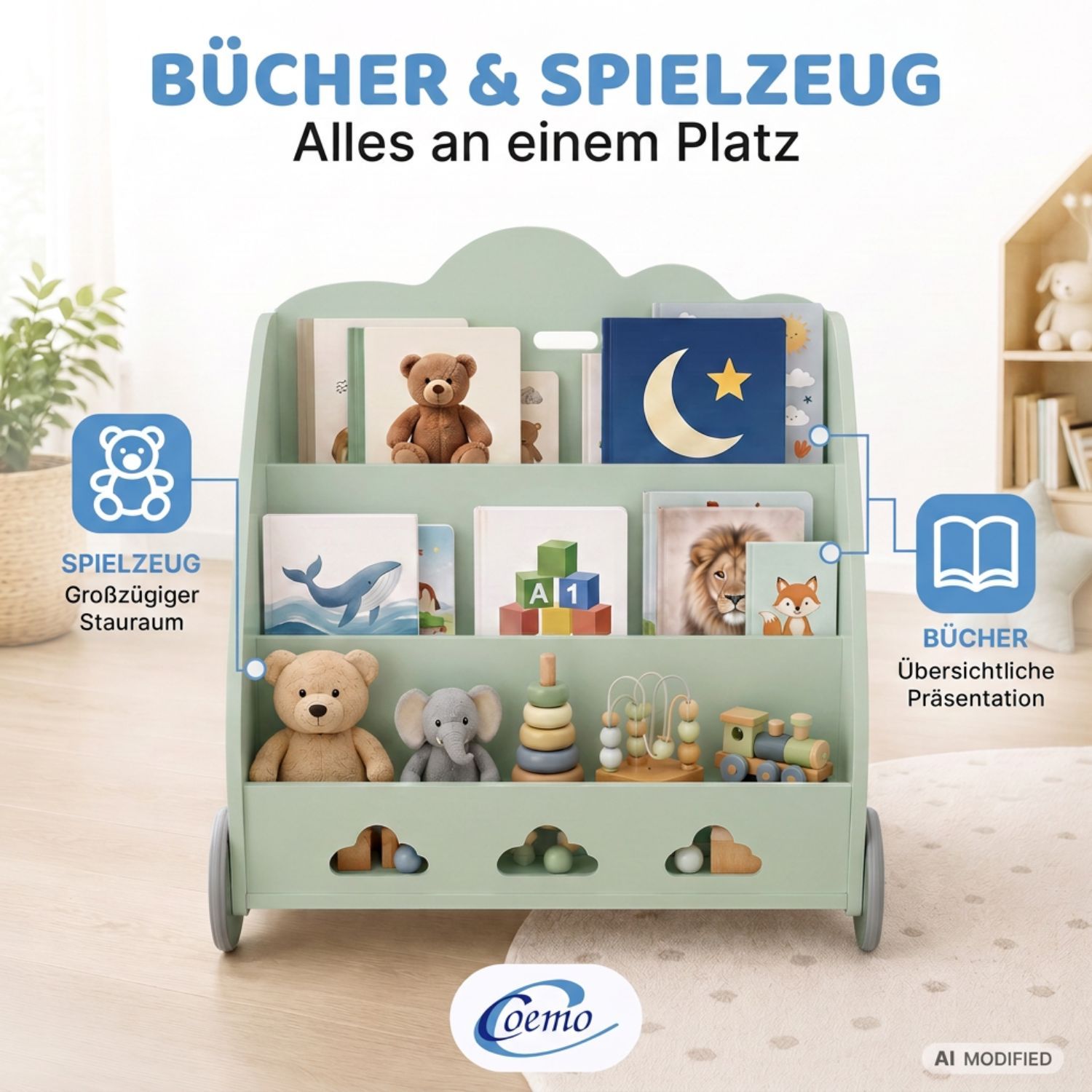 Coemo Aufbewahrungsrollwagen Bookie Bücherregal Holz Spielzeugkiste mit Rädern