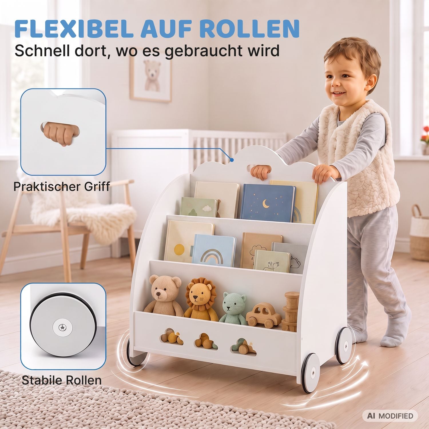 Coemo Aufbewahrungsrollwagen Bookie Bücherregal Holz Spielzeugkiste mit Rädern
