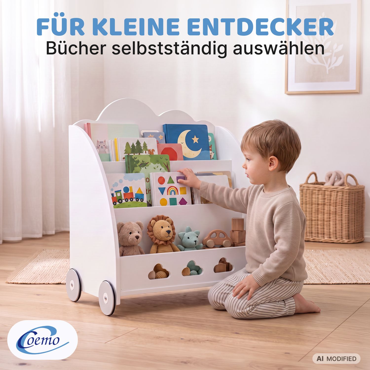 Coemo Aufbewahrungsrollwagen Bookie Bücherregal Holz Spielzeugkiste mit Rädern