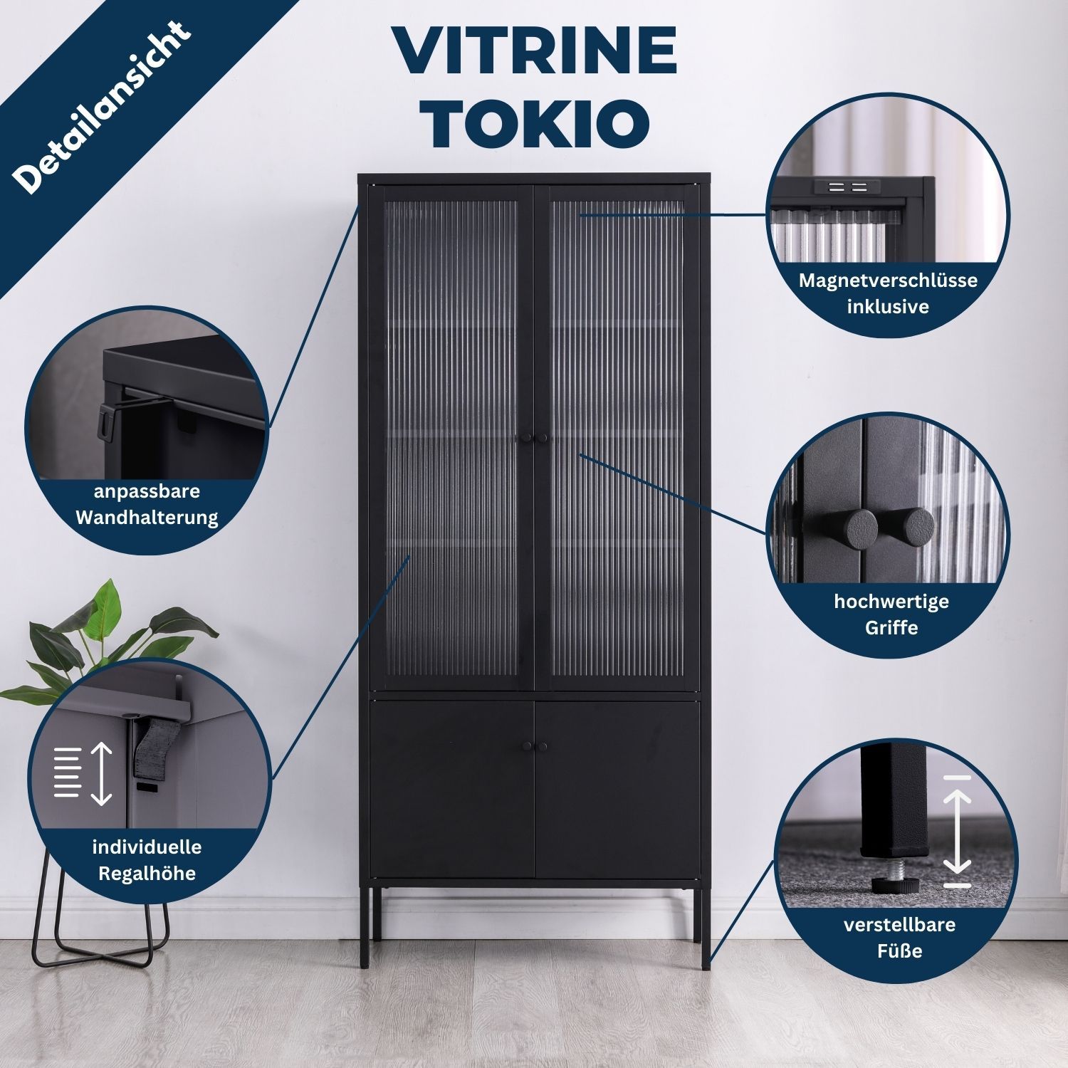 Vitrine Tokio Schwarz aus Metall mit runden, gezoomten Detailbildern im Zimmer. Daneben eine Zimmerpflanze