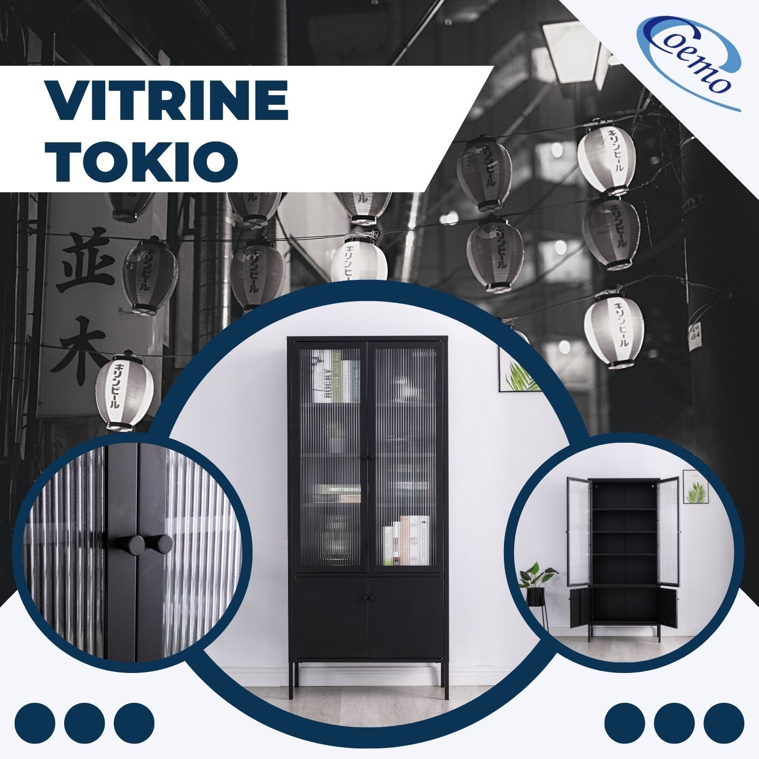 Metallvitrine Tokio Schwarz mit Detailansicht der Türgriffe und der geöffneten Vitrine ohne Inhalt. Auf dem Hintergrundbild sind Lampignons in asiatischem Design