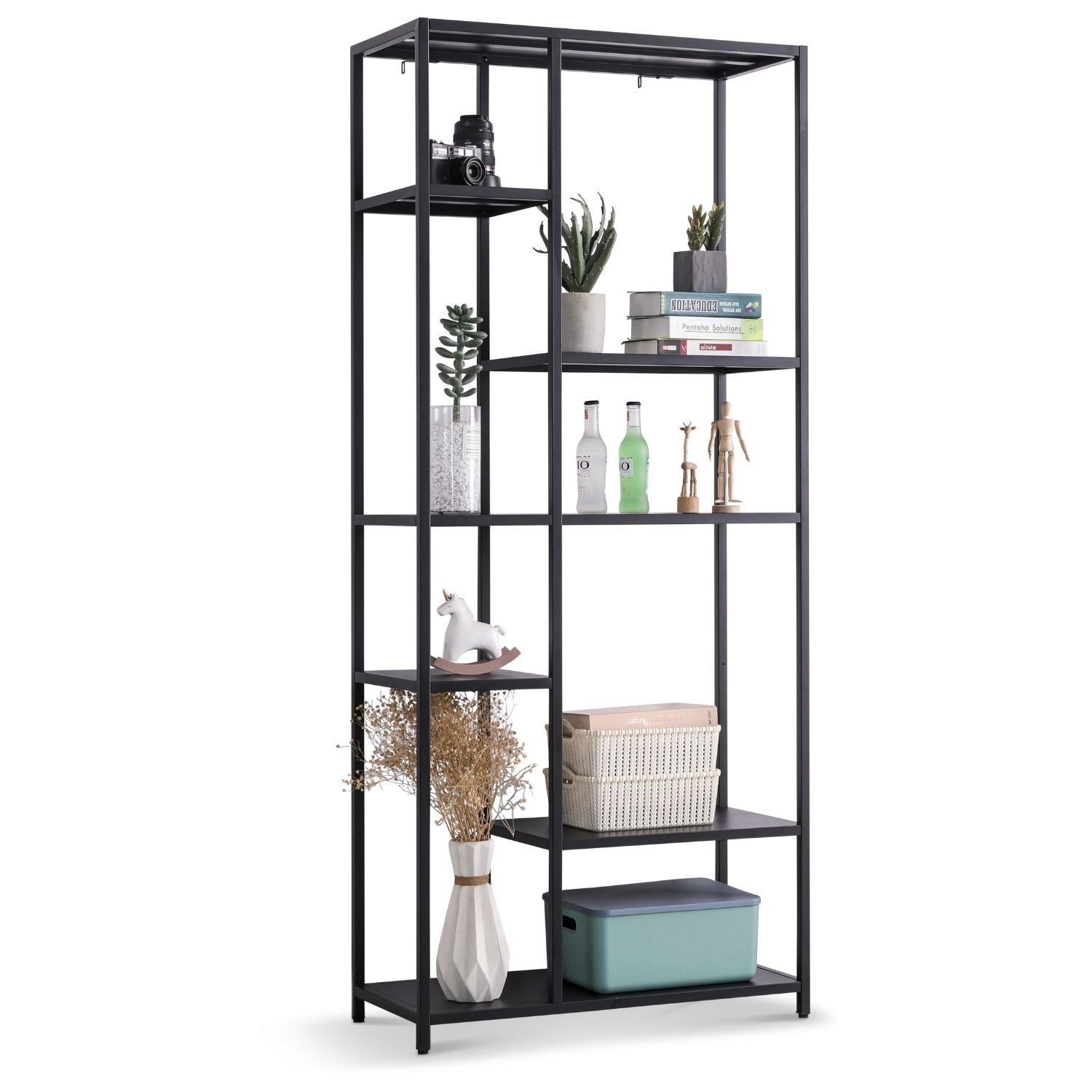 Regal Chicago XL Schwarz aus Metall. Hintergrund ist weiß. Regal ist mit Dekoartikeln befüllt.