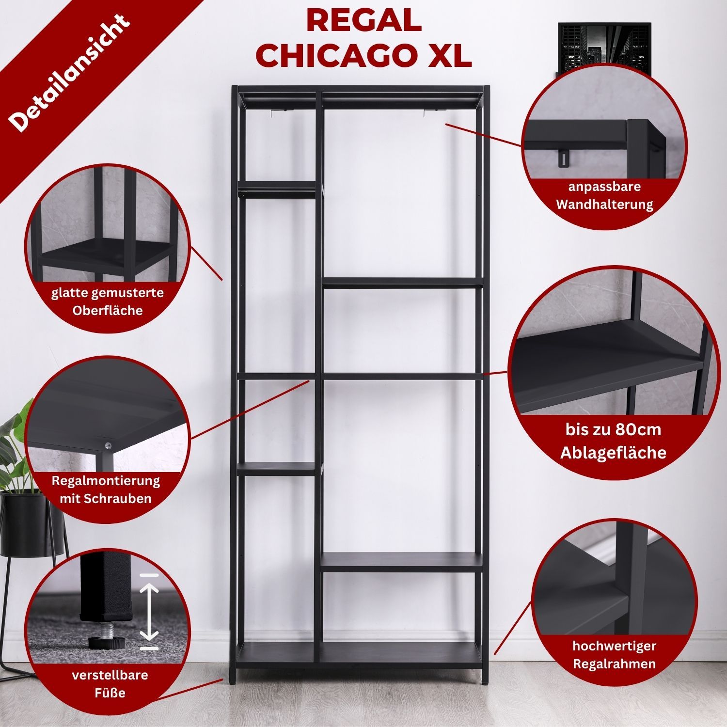 Regal Chicago XL Schwarz aus Metall mit runden, gezoomten Detailbildern im Zimmer. Ein Wandbild hängt.