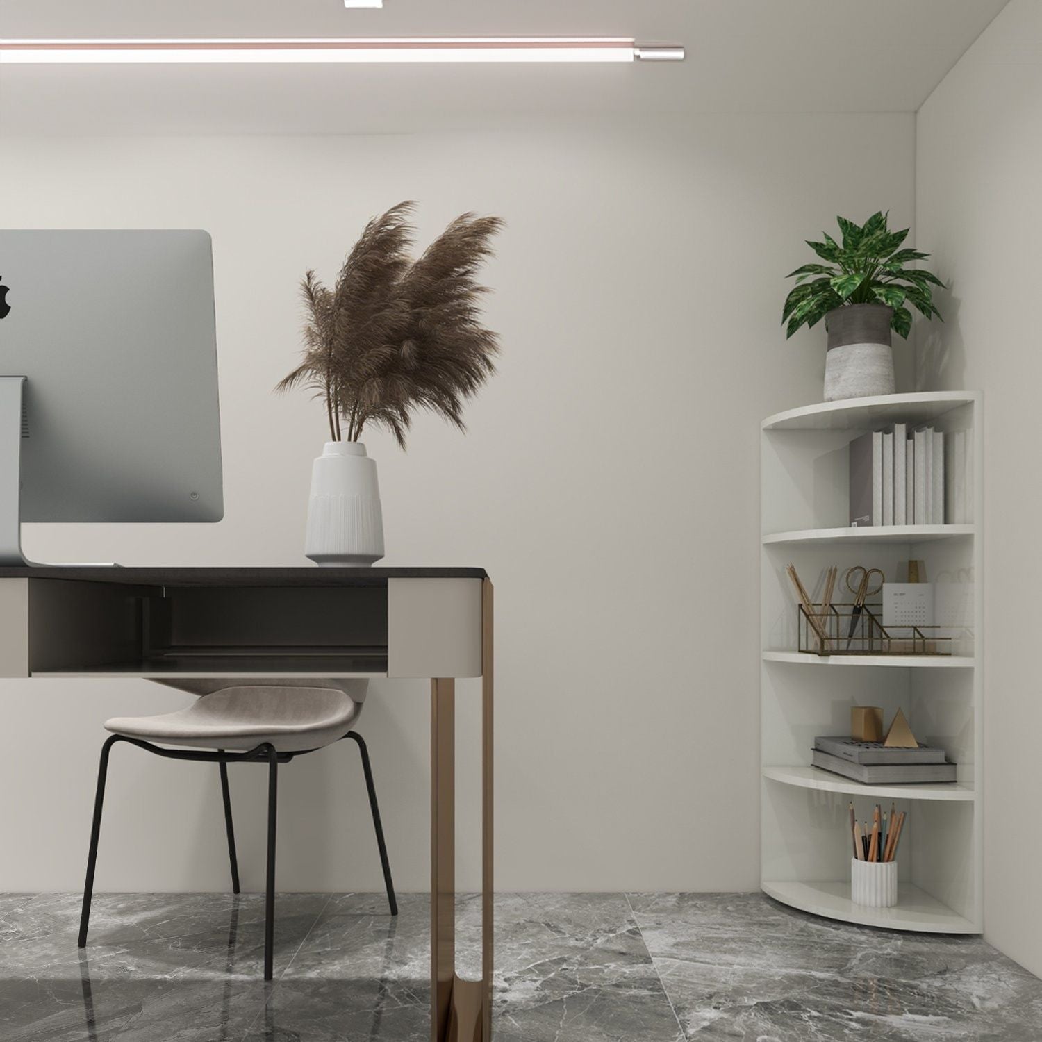 Eckregal in der Ecke eines Raumes mit dekorativen Accessoires und Pflanzen.