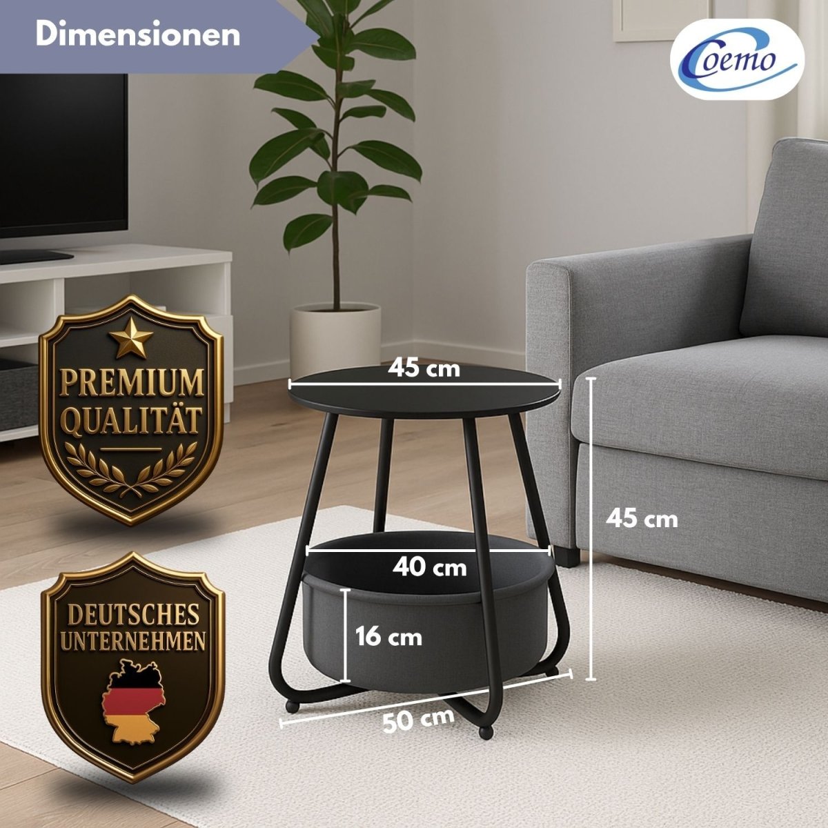Coemo Beistelltisch Kosi mit Canvas Korb - Metallgestell mit Stoffkorb - Mein - Regal.de