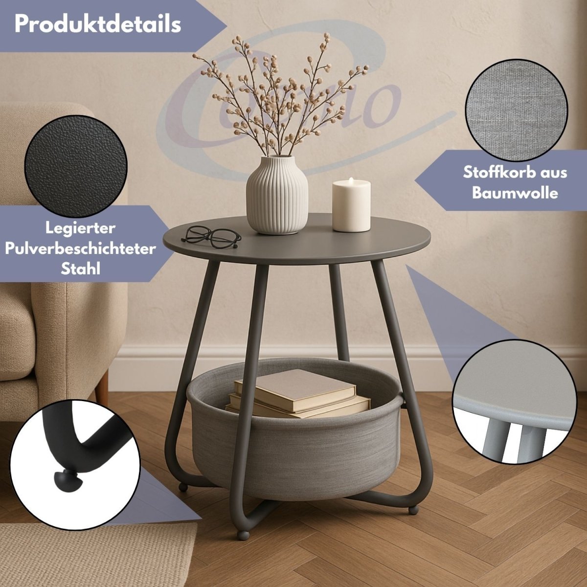 Coemo Beistelltisch Kosi mit Canvas Korb - Metallgestell mit Stoffkorb - Mein - Regal.de