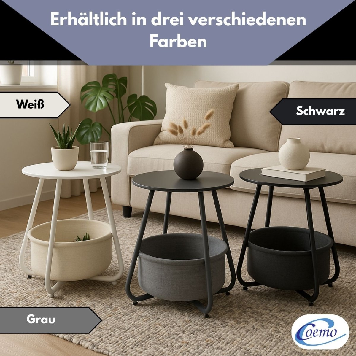 Coemo Beistelltisch Kosi mit Canvas Korb - Metallgestell mit Stoffkorb - Mein - Regal.de