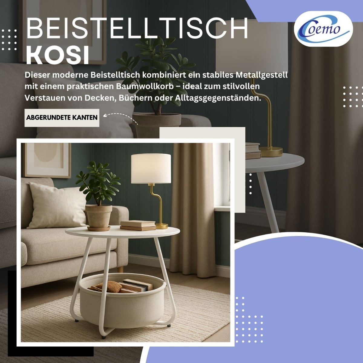 Coemo Beistelltisch Kosi mit Canvas Korb - Metallgestell mit Stoffkorb - Mein - Regal.de