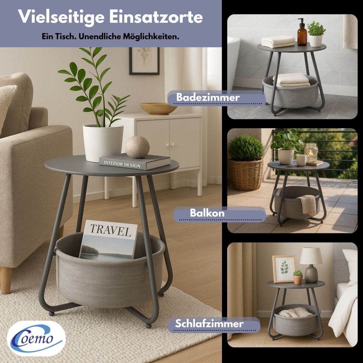 Coemo Beistelltisch Kosi mit Canvas Korb - Metallgestell mit Stoffkorb - Mein - Regal.de