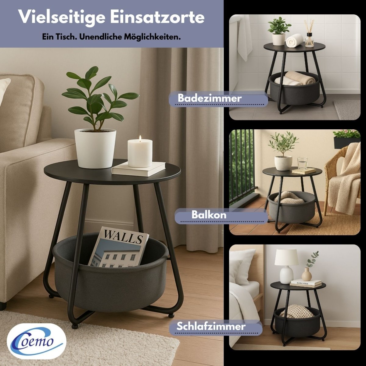 Coemo Beistelltisch Kosi mit Canvas Korb - Metallgestell mit Stoffkorb - Mein - Regal.de