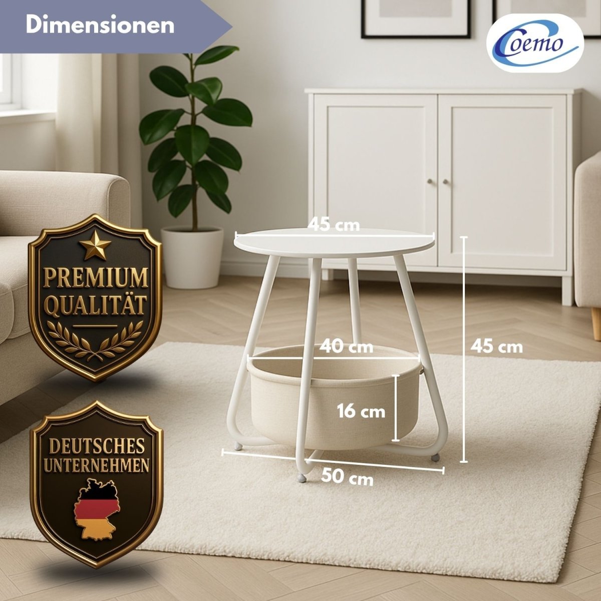 Coemo Beistelltisch Kosi mit Canvas Korb - Metallgestell mit Stoffkorb - Mein - Regal.de