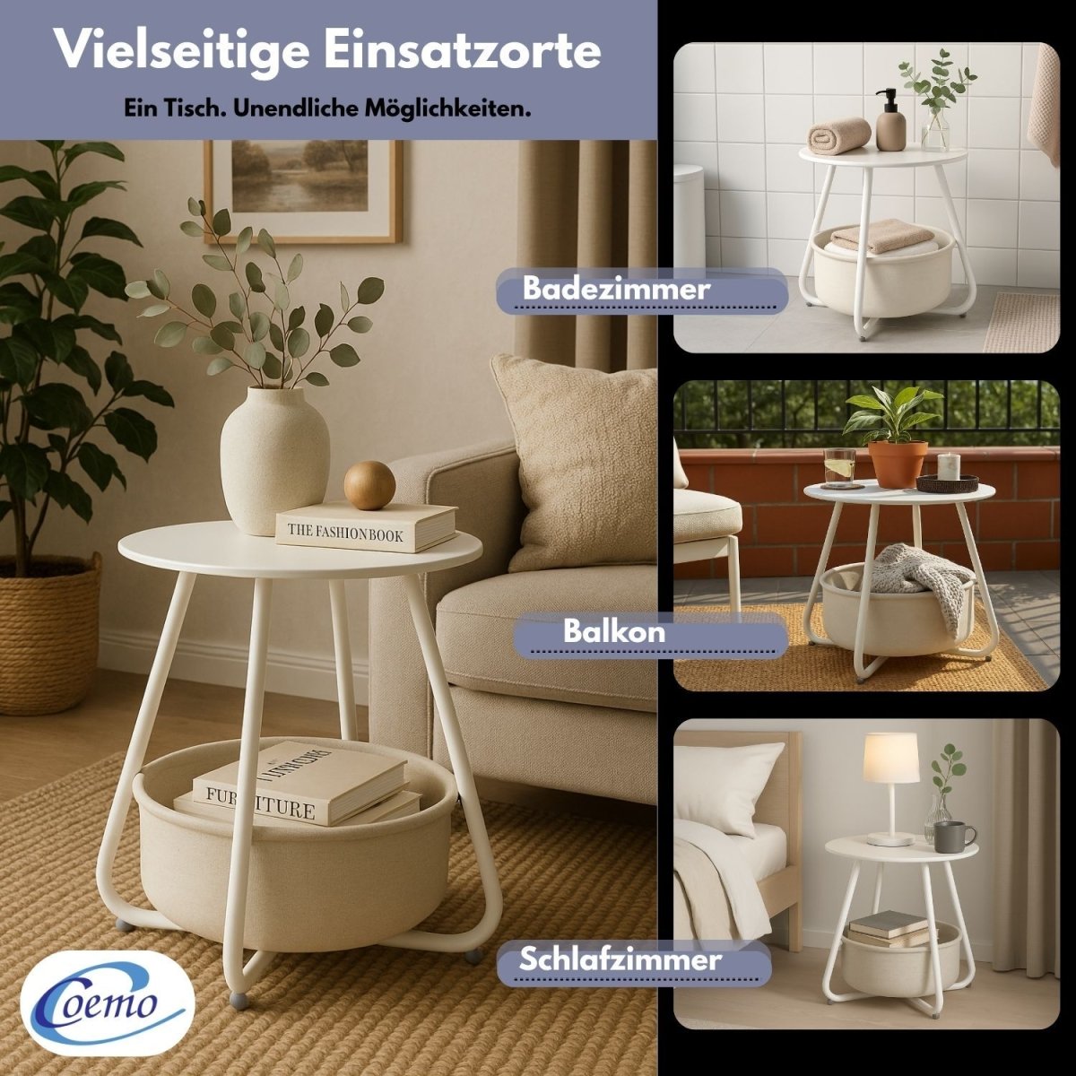 Coemo Beistelltisch Kosi mit Canvas Korb - Metallgestell mit Stoffkorb - Mein - Regal.de