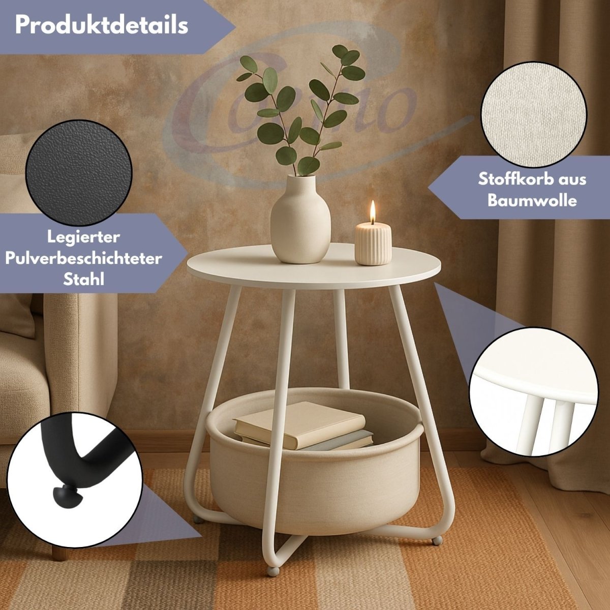 Coemo Beistelltisch Kosi mit Canvas Korb - Metallgestell mit Stoffkorb - Mein - Regal.de