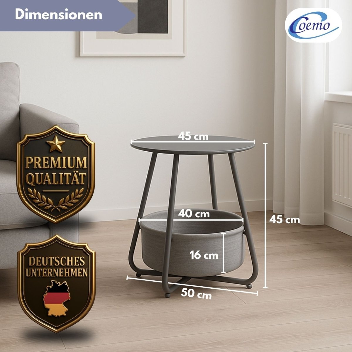 Coemo Beistelltisch Kosi mit Canvas Korb - Metallgestell mit Stoffkorb - Mein - Regal.de