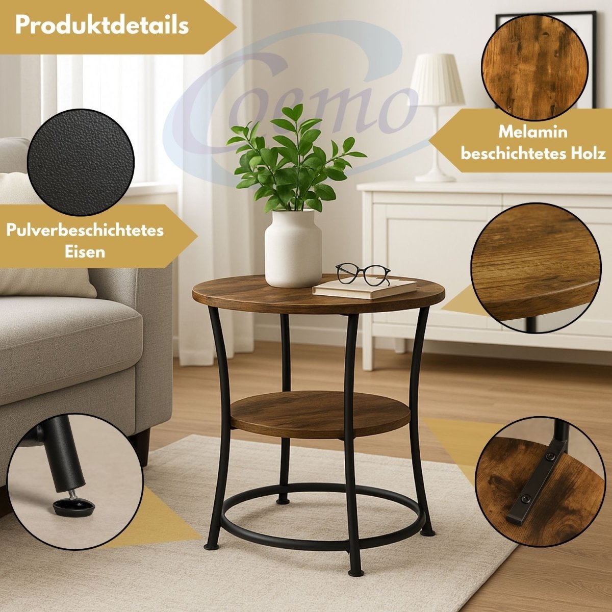 Coemo Couchtisch Tamy 2 Ebenen - Holz mit Metallrahmen - Ø 55 cm x 55 cm - Mein - Regal.de