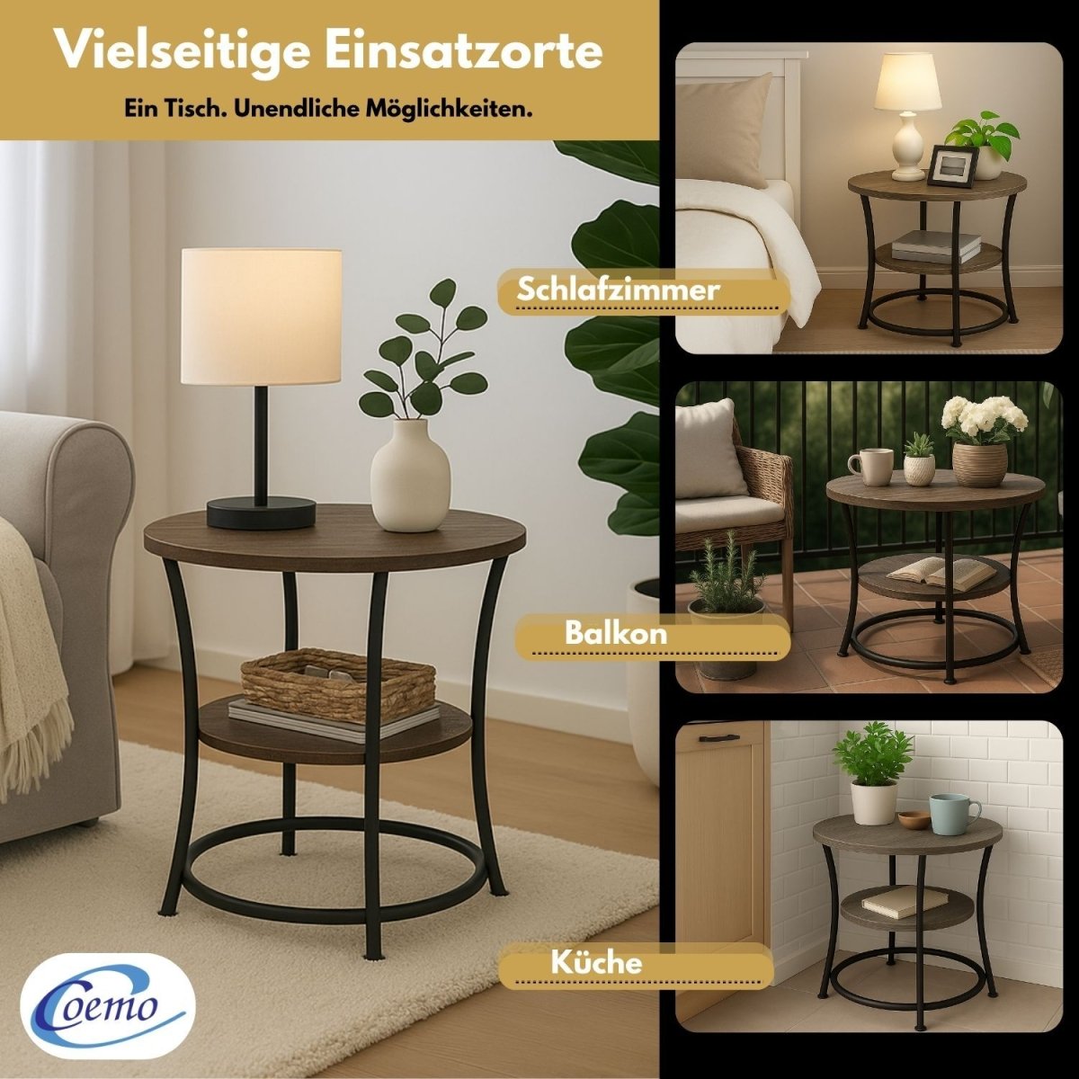 Coemo Couchtisch Tamy 2 Ebenen - Holz mit Metallrahmen - Ø 55 cm x 55 cm - Mein - Regal.de
