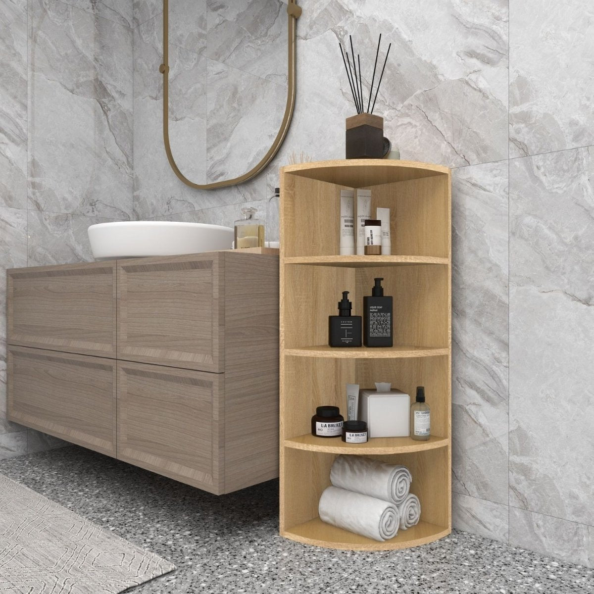 Eckregal Corner 120 in der Farbe Natur im Badezimmer