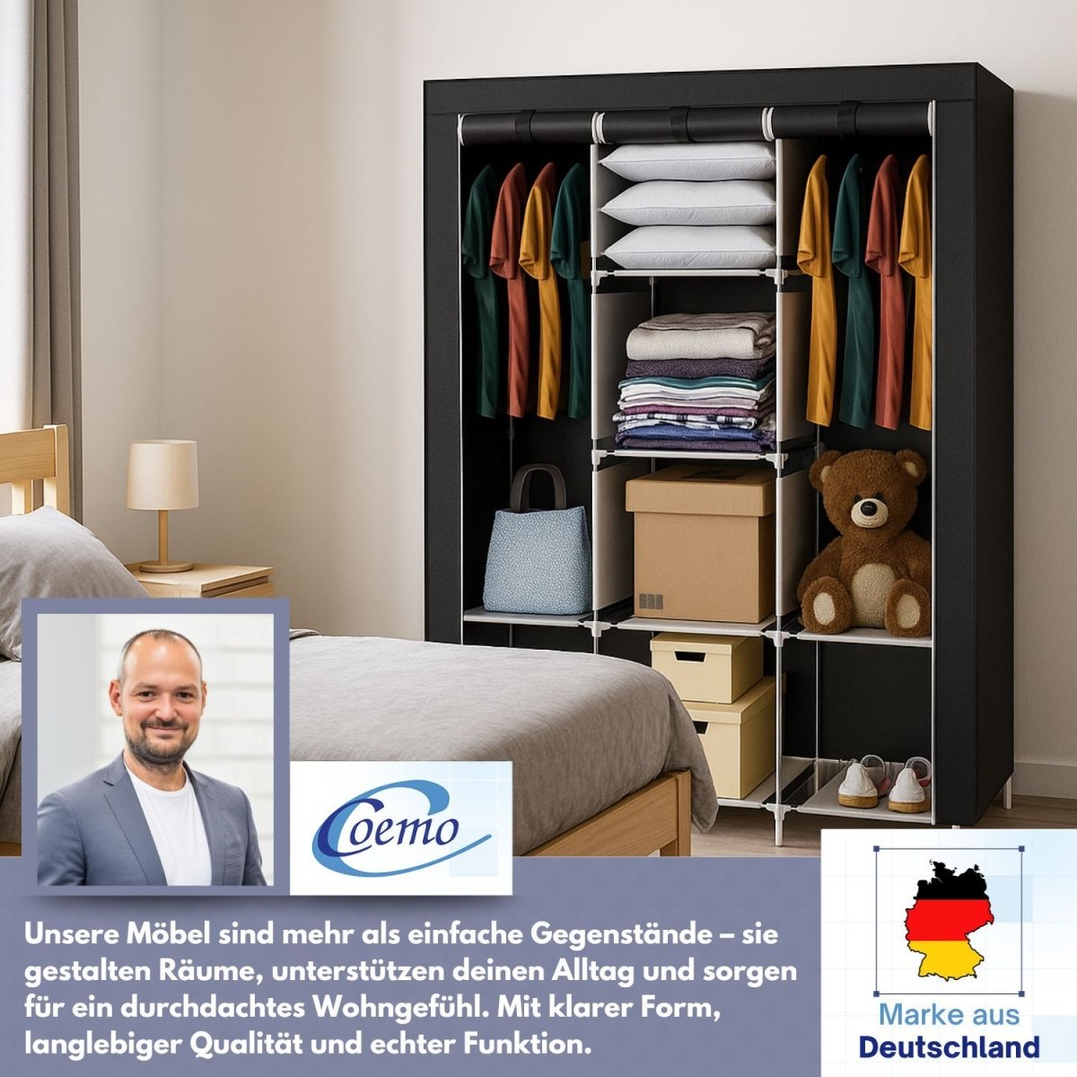 Coemo faltbarer Kleiderschrank Stoffschrank, Stahl und Kunststoff mit 2 Kleiderstangen, Regalen, 8 Ablageflächen - Mein - Regal.de