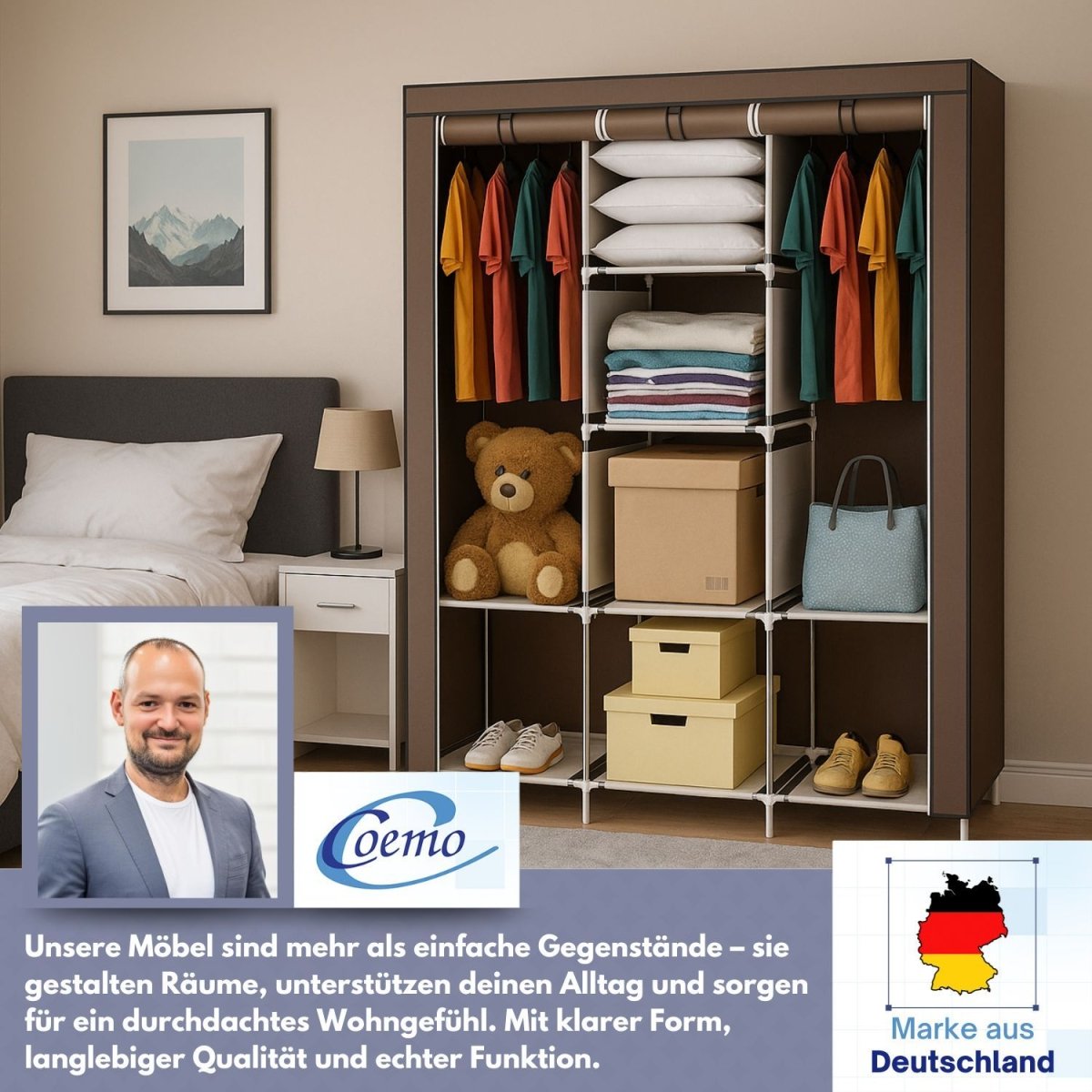 Coemo faltbarer Kleiderschrank Stoffschrank, Stahl und Kunststoff mit 2 Kleiderstangen, Regalen, 8 Ablageflächen - Mein - Regal.de