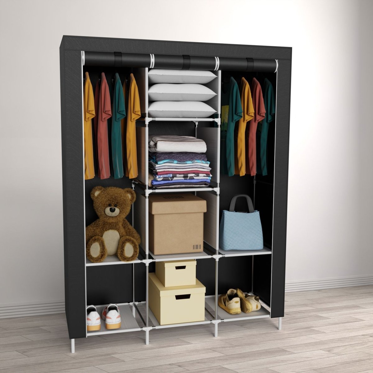 Coemo faltbarer Kleiderschrank Stoffschrank, Stahl und Kunststoff mit 2 Kleiderstangen, Regalen, 8 Ablageflächen - Mein - Regal.de