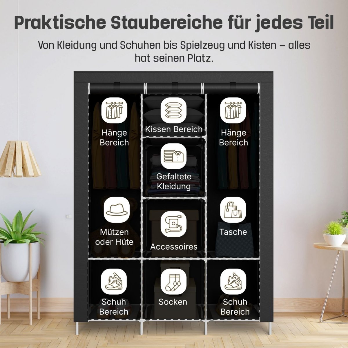 Coemo faltbarer Kleiderschrank Stoffschrank, Stahl und Kunststoff mit 2 Kleiderstangen, Regalen, 8 Ablageflächen - Mein - Regal.de