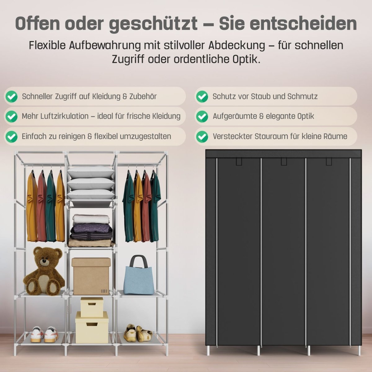 Coemo faltbarer Kleiderschrank Stoffschrank, Stahl und Kunststoff mit 2 Kleiderstangen, Regalen, 8 Ablageflächen - Mein - Regal.de