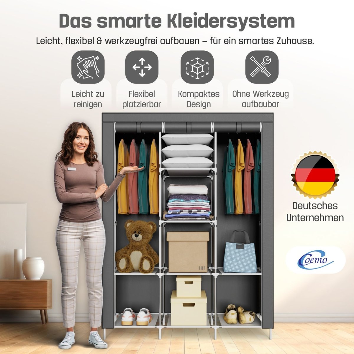 Coemo faltbarer Kleiderschrank Stoffschrank, Stahl und Kunststoff mit 2 Kleiderstangen, Regalen, 8 Ablageflächen - Mein - Regal.de