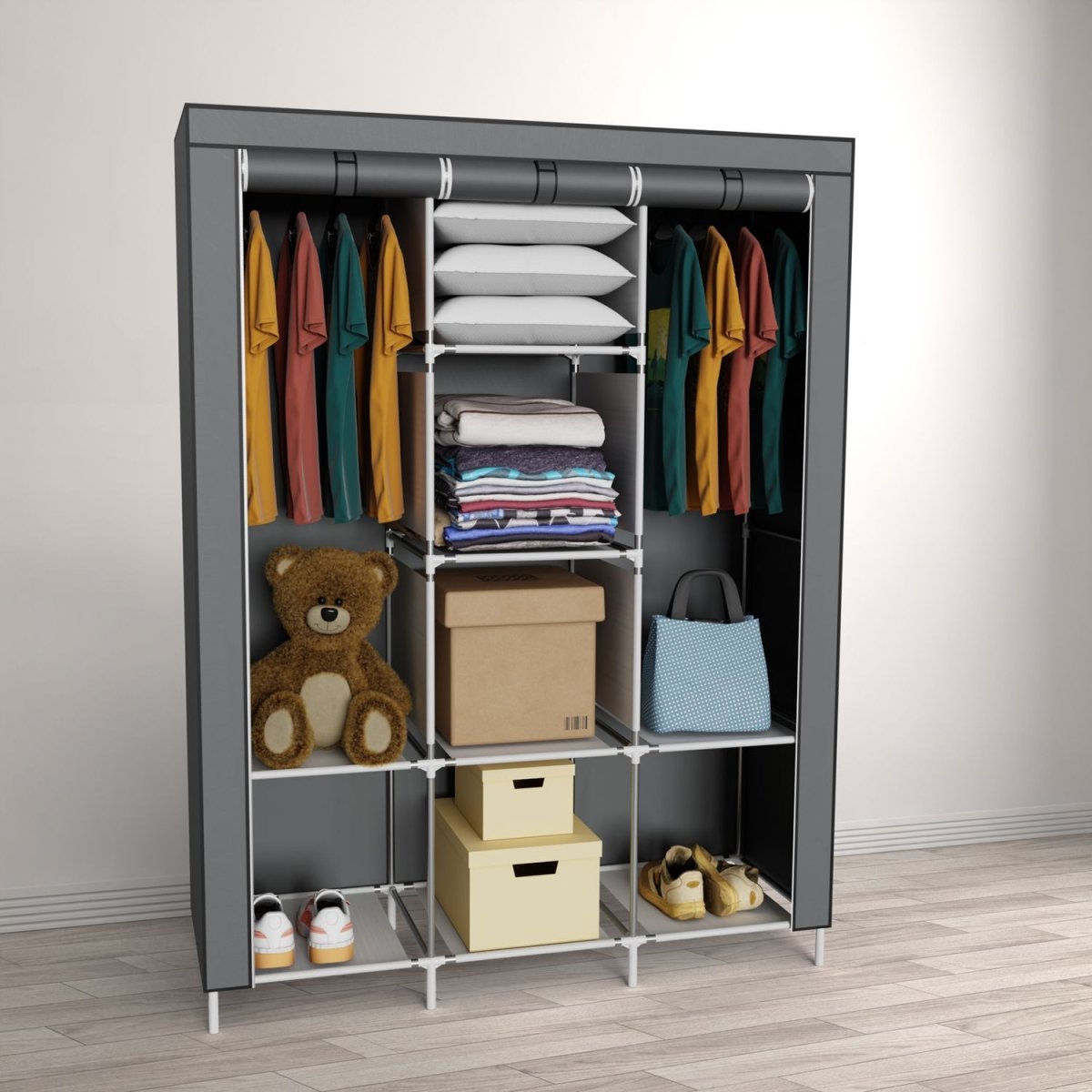 Coemo faltbarer Kleiderschrank Stoffschrank, Stahl und Kunststoff mit 2 Kleiderstangen, Regalen, 8 Ablageflächen - Mein - Regal.de