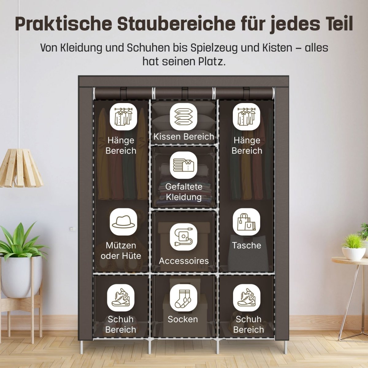Coemo faltbarer Kleiderschrank Stoffschrank, Stahl und Kunststoff mit 2 Kleiderstangen, Regalen, 8 Ablageflächen - Mein - Regal.de