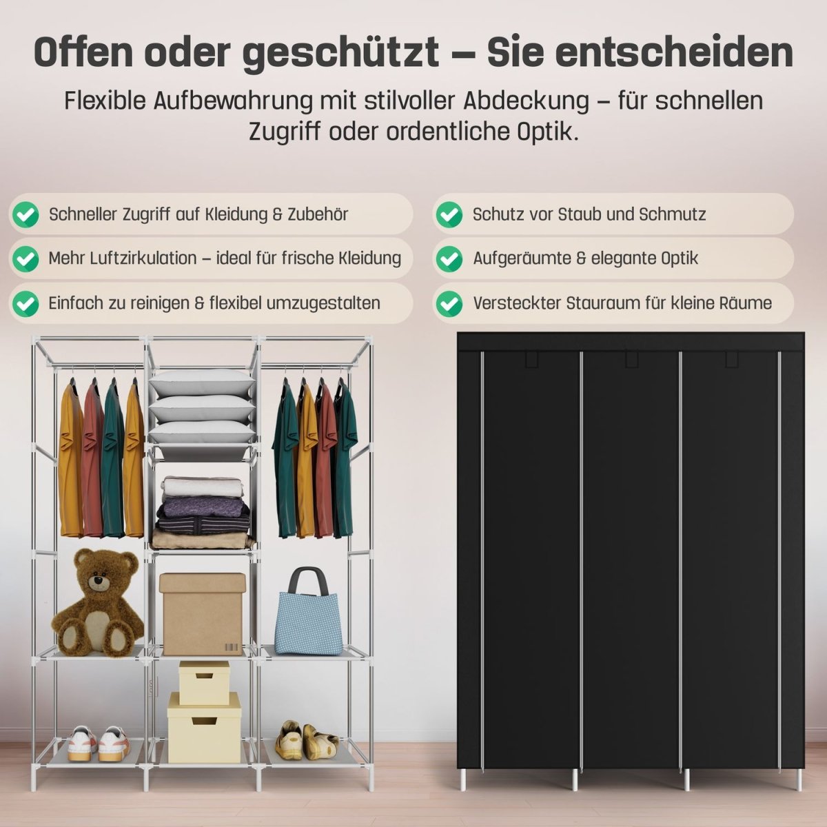 Coemo faltbarer Kleiderschrank Stoffschrank, Stahl und Kunststoff mit 2 Kleiderstangen, Regalen, 8 Ablageflächen - Mein - Regal.de