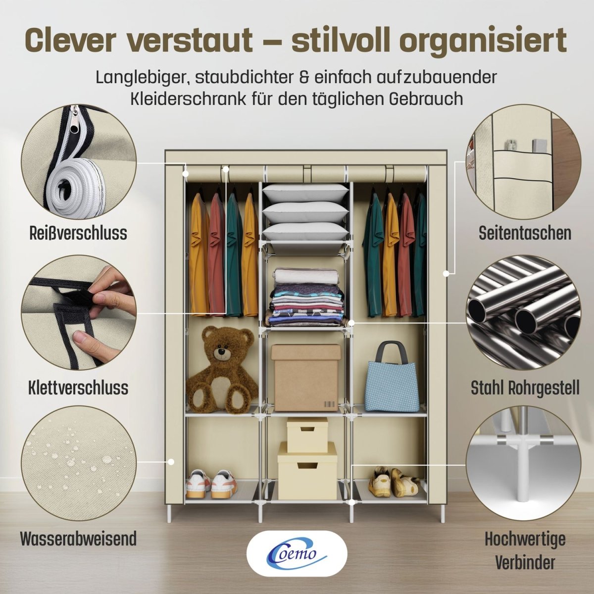 Coemo faltbarer Kleiderschrank Stoffschrank, Stahl und Kunststoff mit 2 Kleiderstangen, Regalen, 8 Ablageflächen - Mein - Regal.de
