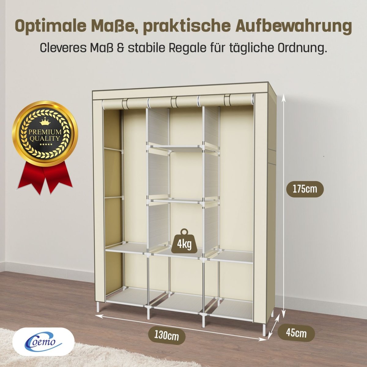 Coemo faltbarer Kleiderschrank Stoffschrank, Stahl und Kunststoff mit 2 Kleiderstangen, Regalen, 8 Ablageflächen - Mein - Regal.de