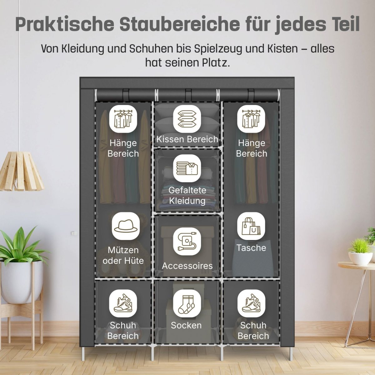Coemo faltbarer Kleiderschrank Stoffschrank, Stahl und Kunststoff mit 2 Kleiderstangen, Regalen, 8 Ablageflächen - Mein - Regal.de