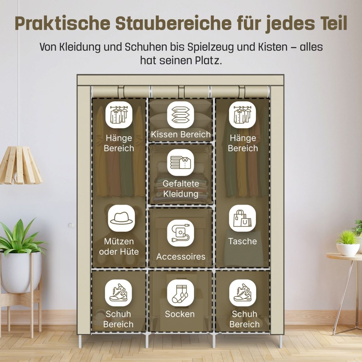 Coemo faltbarer Kleiderschrank Stoffschrank, Stahl und Kunststoff mit 2 Kleiderstangen, Regalen, 8 Ablageflächen - Mein - Regal.de