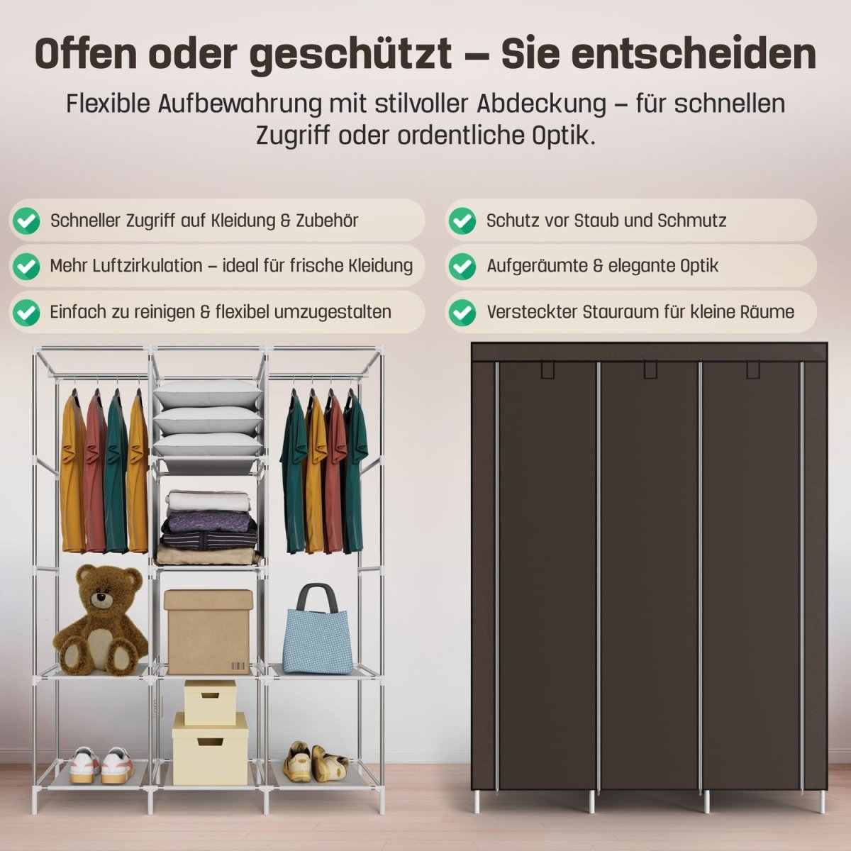 Coemo faltbarer Kleiderschrank Stoffschrank, Stahl und Kunststoff mit 2 Kleiderstangen, Regalen, 8 Ablageflächen - Mein - Regal.de