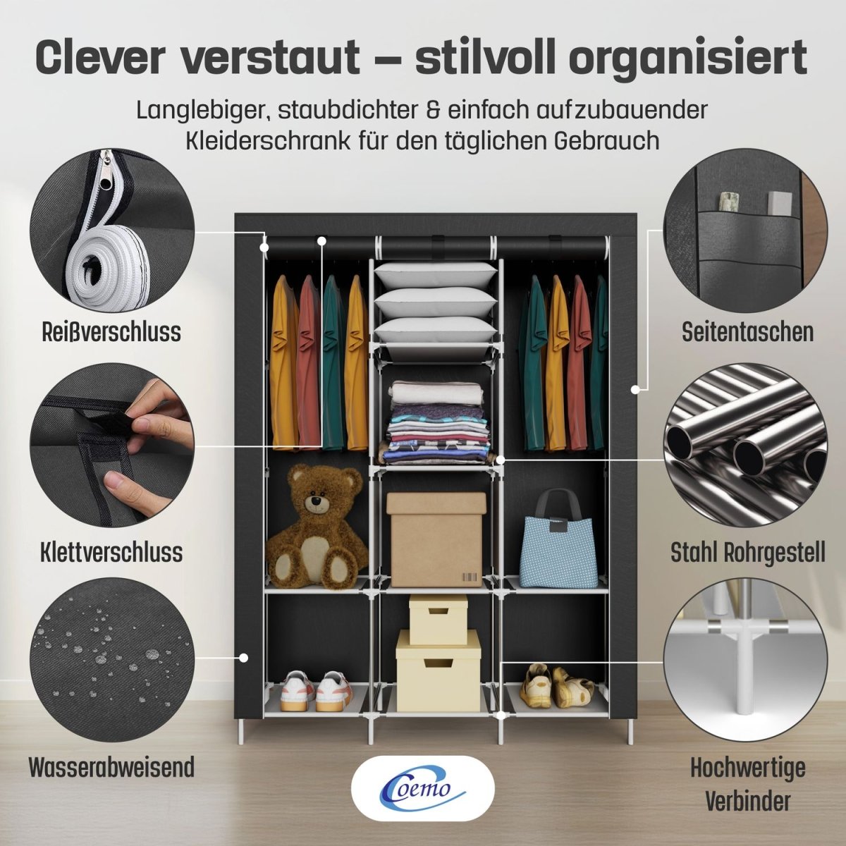 Coemo faltbarer Kleiderschrank Stoffschrank, Stahl und Kunststoff mit 2 Kleiderstangen, Regalen, 8 Ablageflächen - Mein - Regal.de