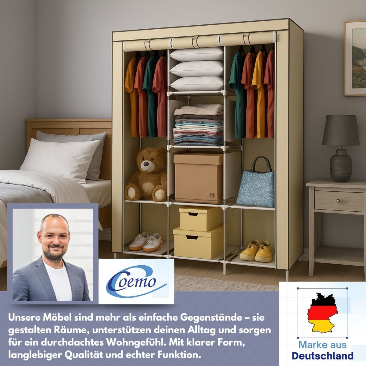 Coemo faltbarer Kleiderschrank Stoffschrank, Stahl und Kunststoff mit 2 Kleiderstangen, Regalen, 8 Ablageflächen - Mein - Regal.de