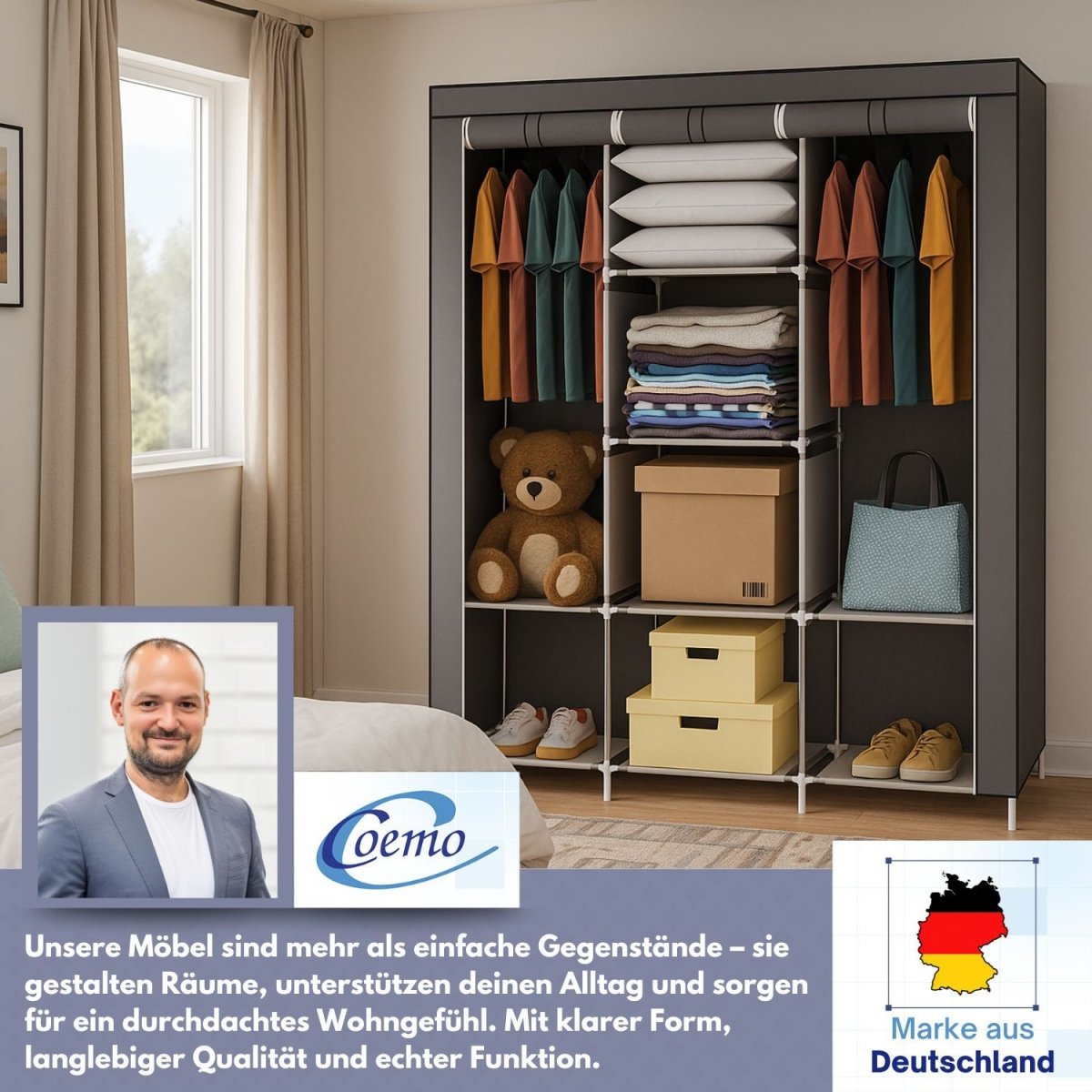 Coemo faltbarer Kleiderschrank Stoffschrank, Stahl und Kunststoff mit 2 Kleiderstangen, Regalen, 8 Ablageflächen - Mein - Regal.de
