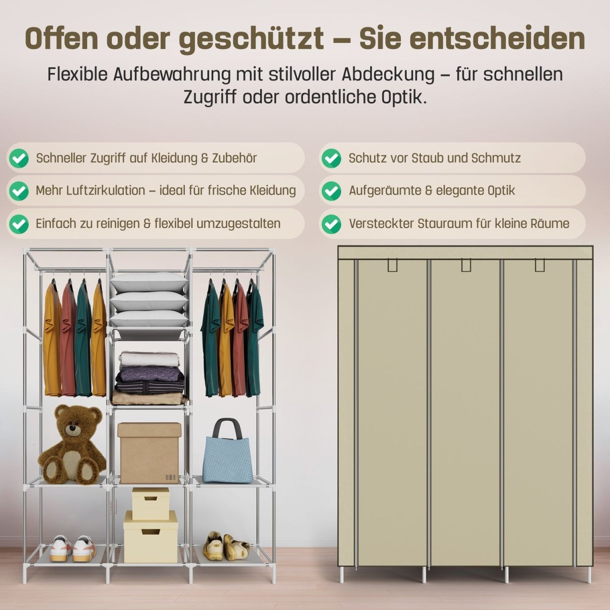 Coemo faltbarer Kleiderschrank Stoffschrank, Stahl und Kunststoff mit 2 Kleiderstangen, Regalen, 8 Ablageflächen - Mein - Regal.de