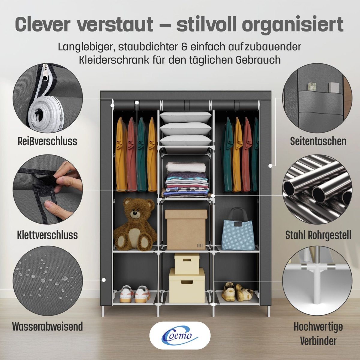 Coemo faltbarer Kleiderschrank Stoffschrank, Stahl und Kunststoff mit 2 Kleiderstangen, Regalen, 8 Ablageflächen - Mein - Regal.de