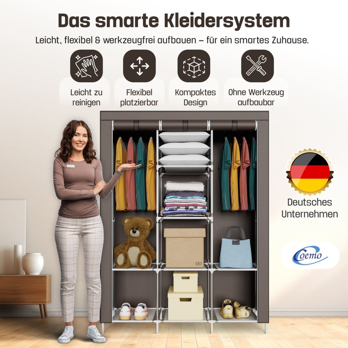 Coemo faltbarer Kleiderschrank Stoffschrank, Stahl und Kunststoff mit 2 Kleiderstangen, Regalen, 8 Ablageflächen - Mein - Regal.de