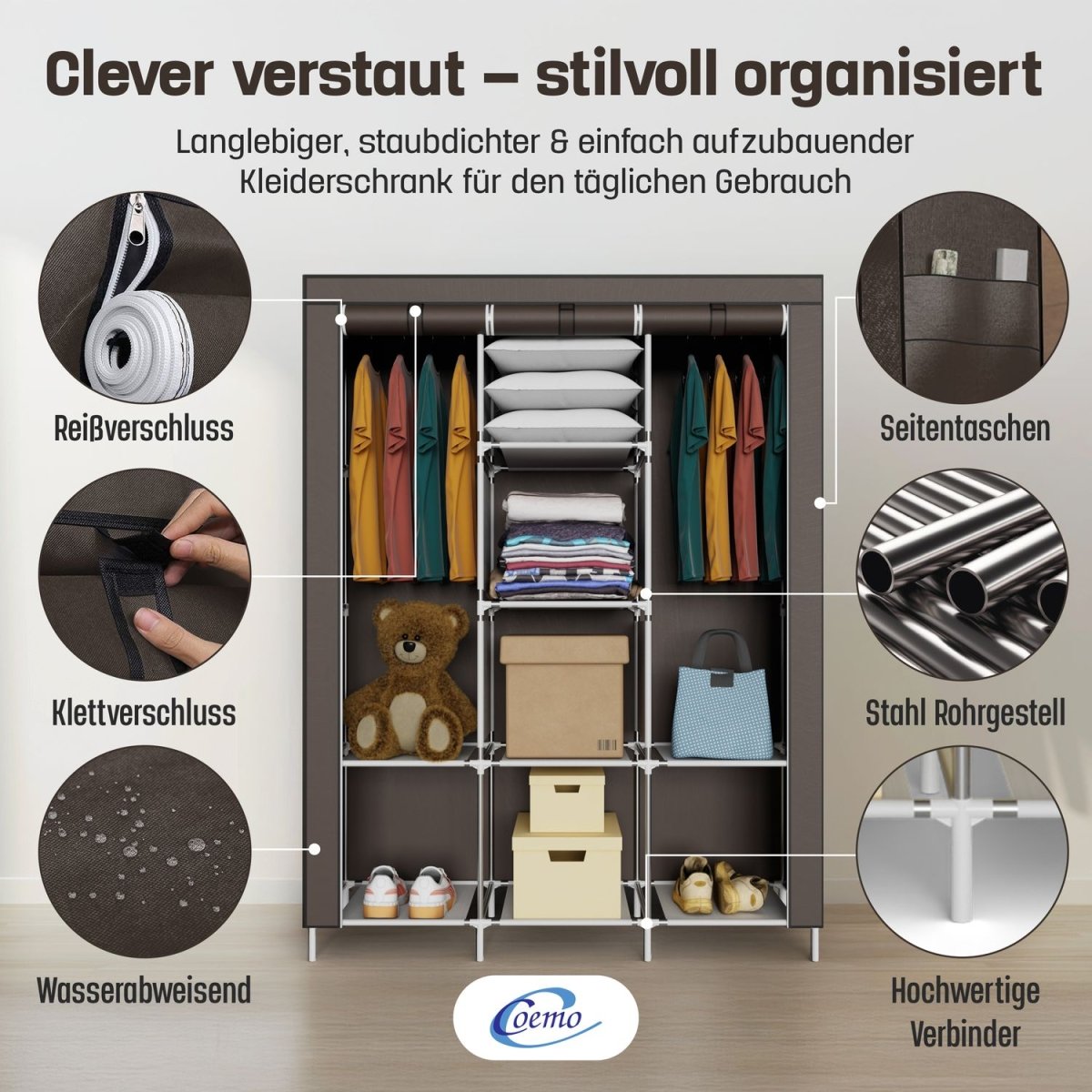Coemo faltbarer Kleiderschrank Stoffschrank, Stahl und Kunststoff mit 2 Kleiderstangen, Regalen, 8 Ablageflächen - Mein - Regal.de