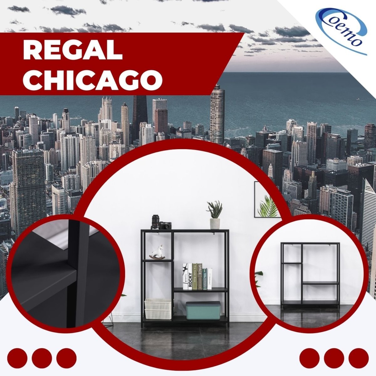 Coemo Regal Chicago Raumteiler aus Metall mit 4 Ablageflächen - Mein-Regal.de