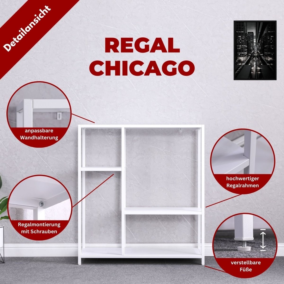 Coemo Regal Chicago Raumteiler aus Metall mit 4 Ablageflächen - Mein-Regal.de